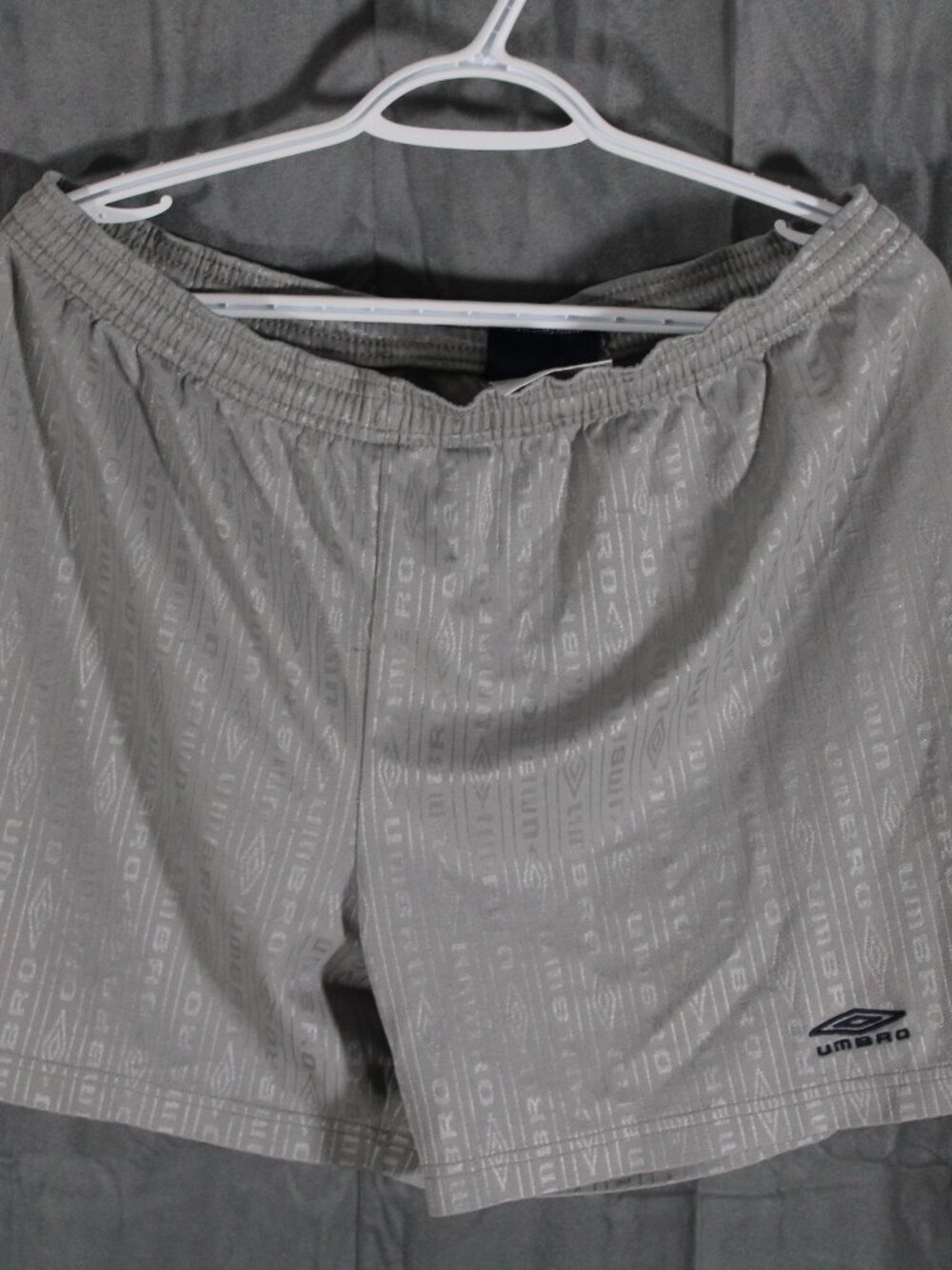 Vintage Soccer Shorts - Grey with Silver Vertical Stripe Pattern - Men's Medium